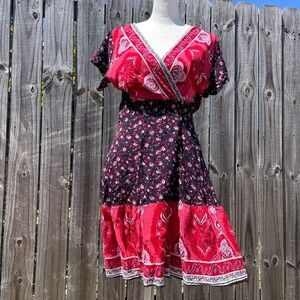 Yi Shan Hot Pink and Blue Floral Wrap Dress Size Medium